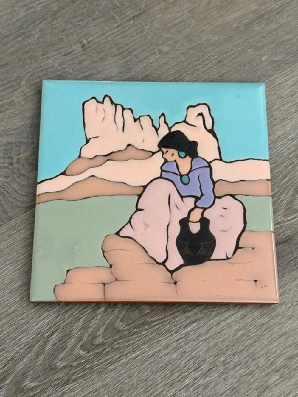Vintage Southwestern Native American Hand Painted Tile by Mag Mor Studios